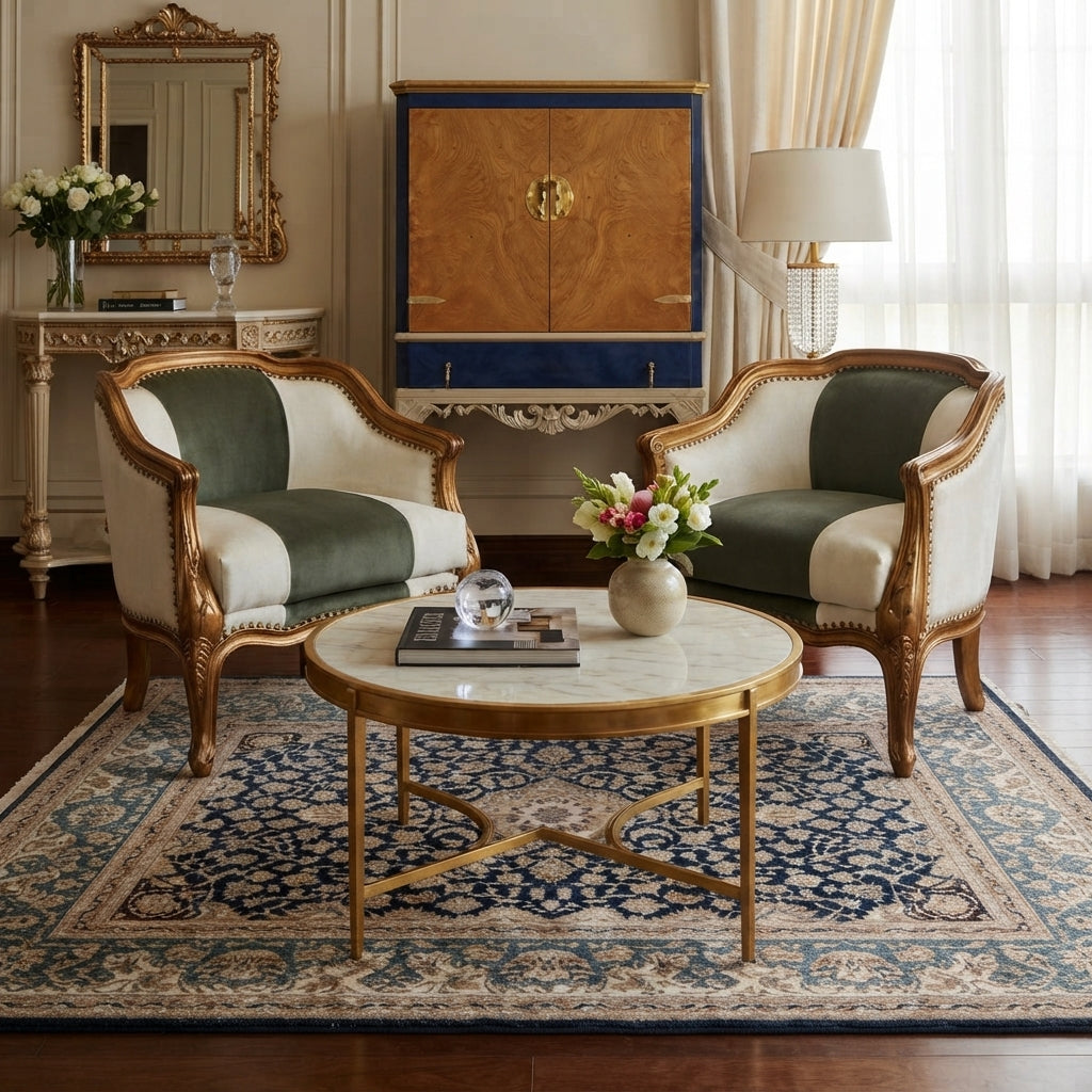 A styled interior scene showing two upholstered armchairs with cream fabric and dark green panels, gold-toned carved frames, and a round marble-top coffee table in the foreground on a patterned rug. A cabinet, mirror, lamp, and curtains are visible in the room.