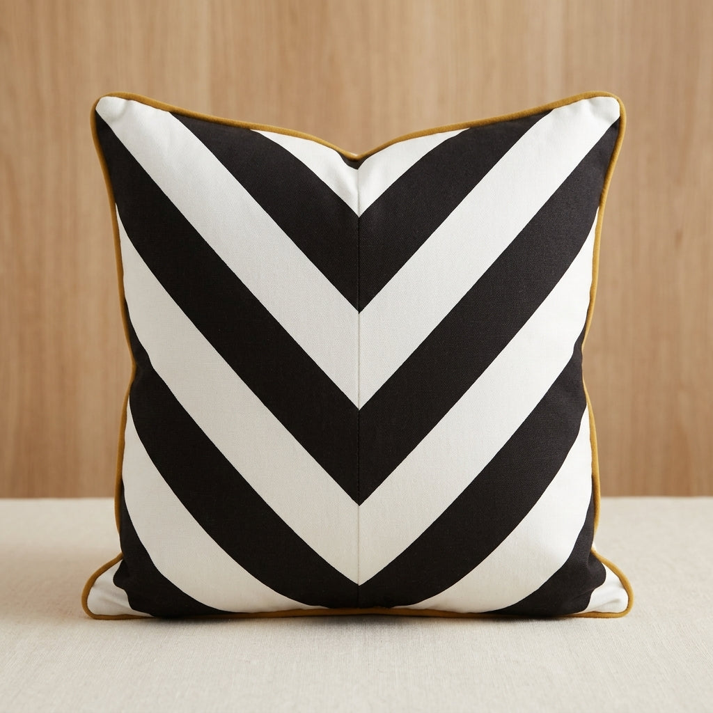 A square throw pillow with a bold black and white chevron pattern and a thin gold border, set against a light wood background.