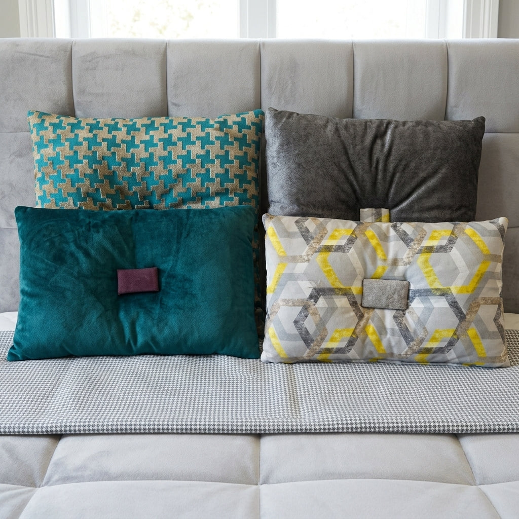 Four decorative throw pillows arranged on a light gray tufted sofa. The pillows include a teal and cream houndstooth pattern, a dark gray velvet pillow, a deep teal velvet pillow with a small purple accent tab, and a gray, yellow, and white geometric patterned pillow with a gray accent tab.