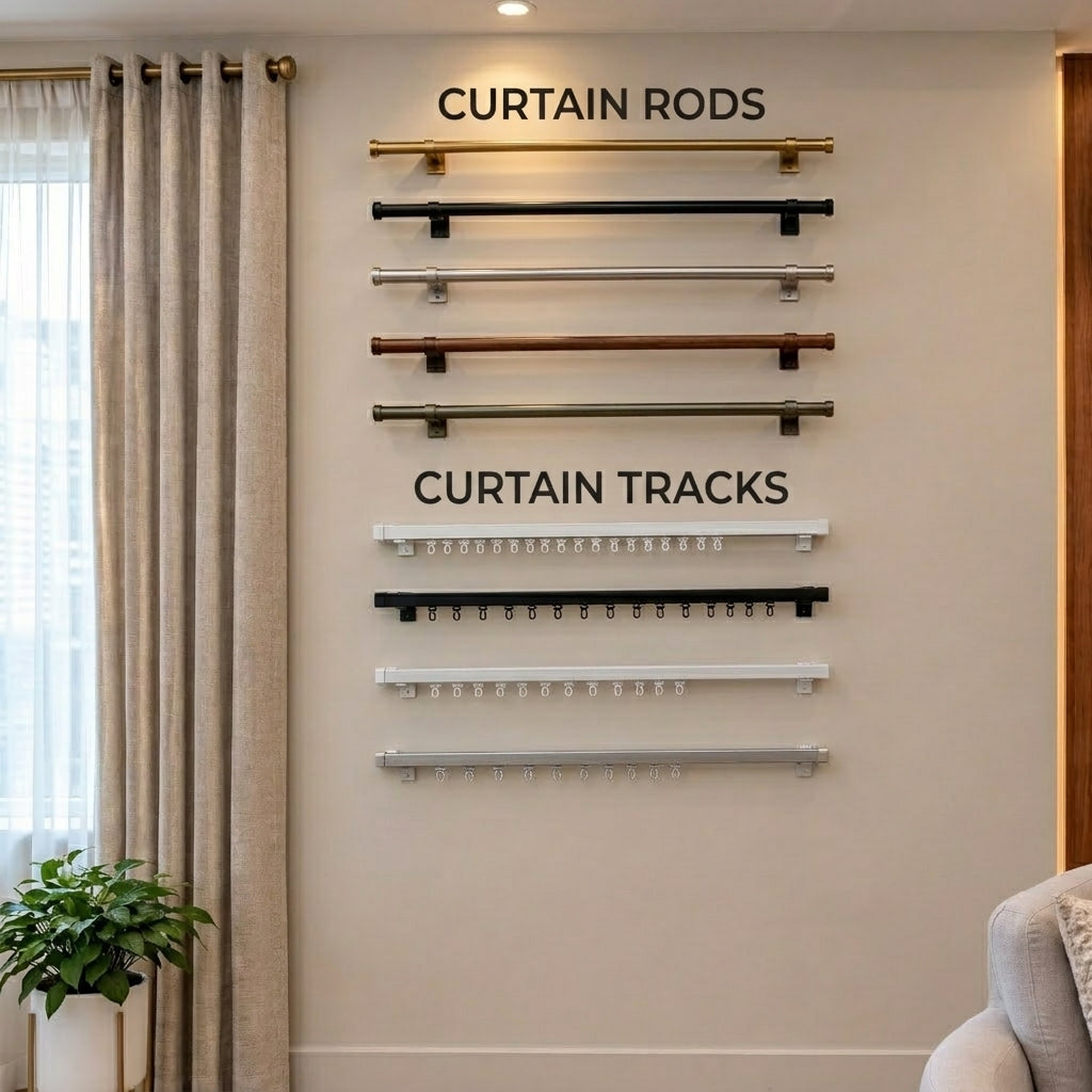 Wall display of luxury metal curtain rods in brass, black, chrome, and wood alongside ceiling curtain tracks in white and silver