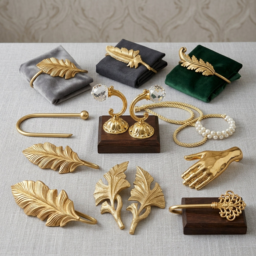 A complete display of luxury brass and gold curtain hold-backs featuring ginkgo leaves, feathers, crystal hooks, and a gold hand clip arranged on a neutral fabric background