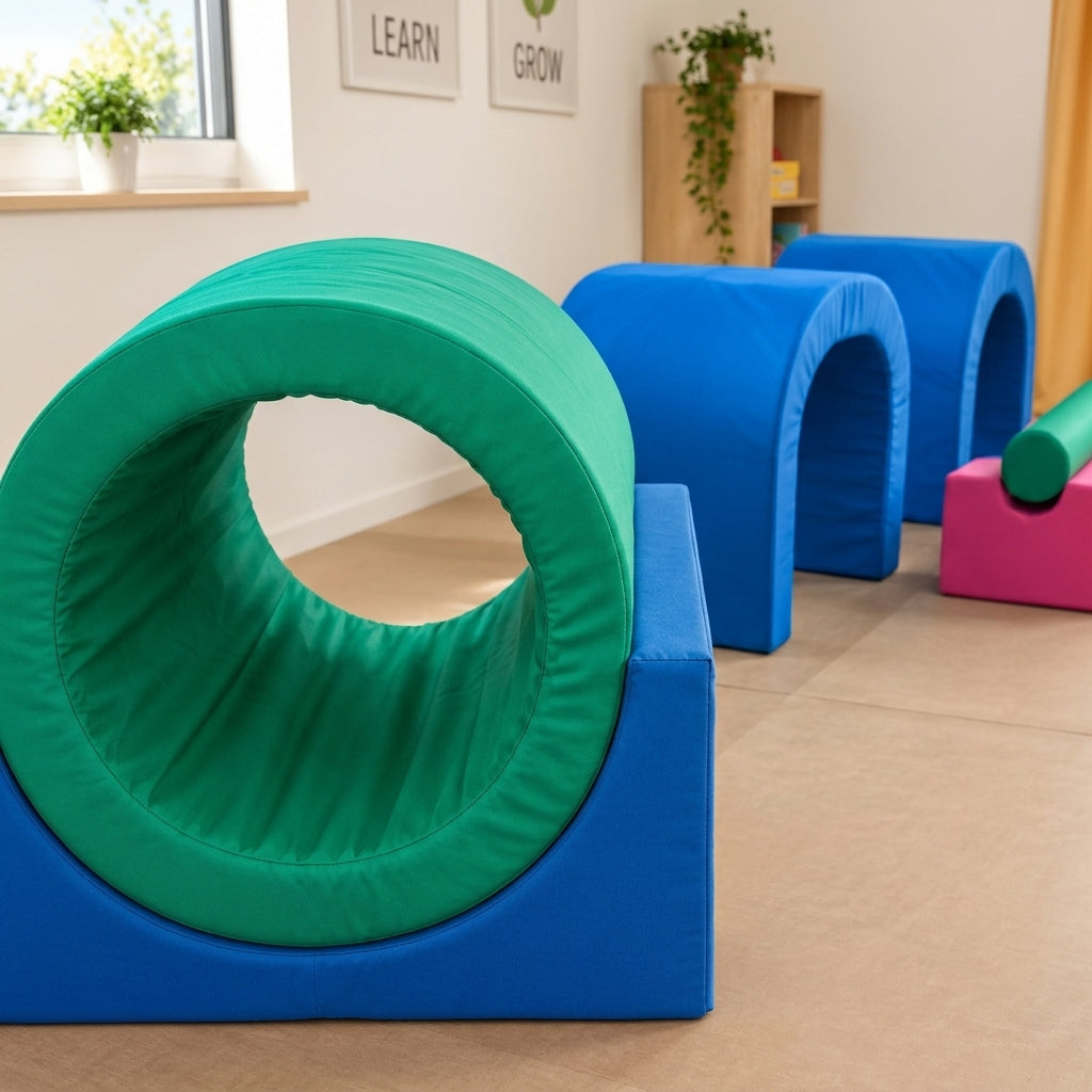 A colorful children's foam play gym set in a bright indoor room, featuring a large green tunnel tube on a blue base, with smaller blue and pink tunnels in the background.