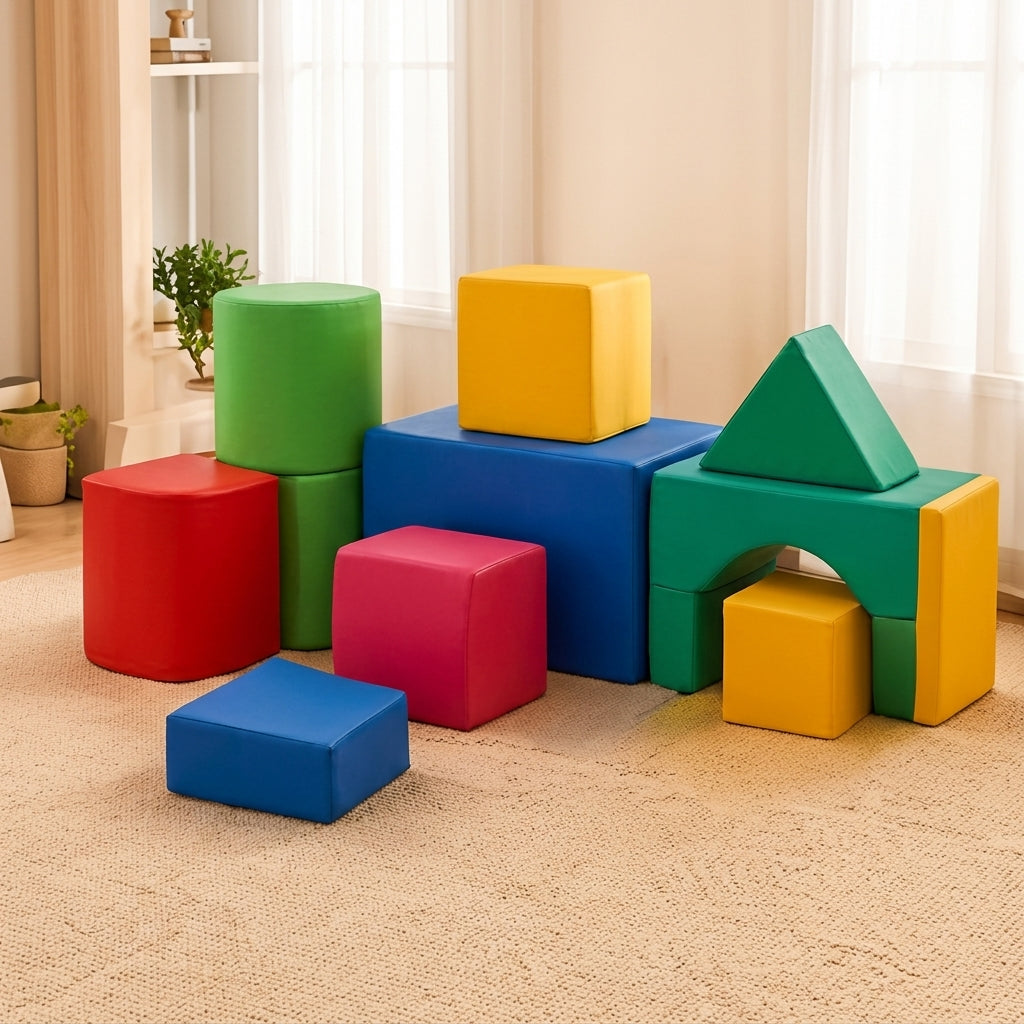 Colorful multi-piece soft foam building blocks and geometric play shapes set on a modern playroom rug