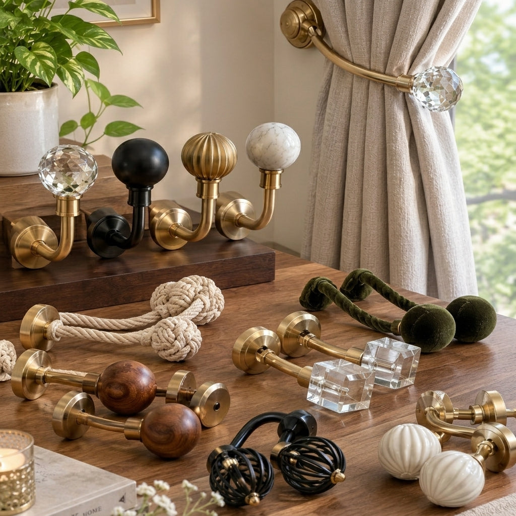 A styled tabletop display of brass curtain rod hardware and matching tieback rings in multiple finishes and textures, including polished gold, matte black, marble white, wood brown, rope beige, and velvet dark green, arranged on a wooden table beside a beige curtain panel and window.