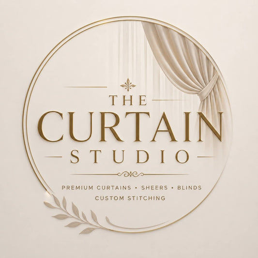 The Curtain Studio official brand logo featuring premium curtains, sheers, blinds, and custom stitching services