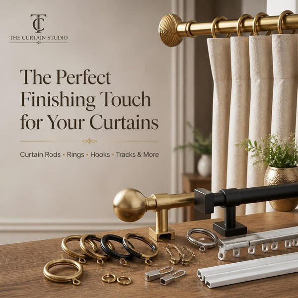 Luxury curtain accessories collection featuring brass and matte black rods, rings, hooks, and ceiling tracks by The Curtain Studio