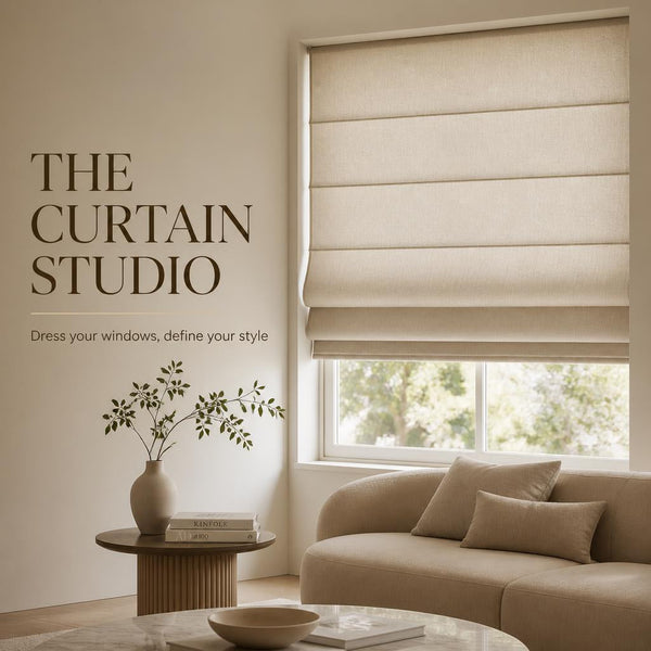 Modern beige fabric Roman blinds collection for window light control by The Curtain Studio