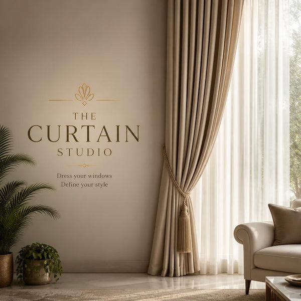 Luxury beige drapes and sheer curtains collection by The Curtain Studio for living room decor