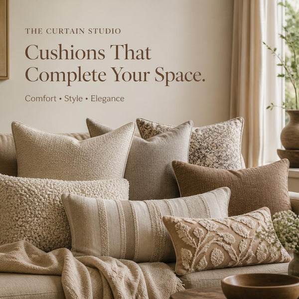 Luxury textured cushion collection with beige woven, floral embroidered, and bouclé throw pillows by The Curtain Studio  