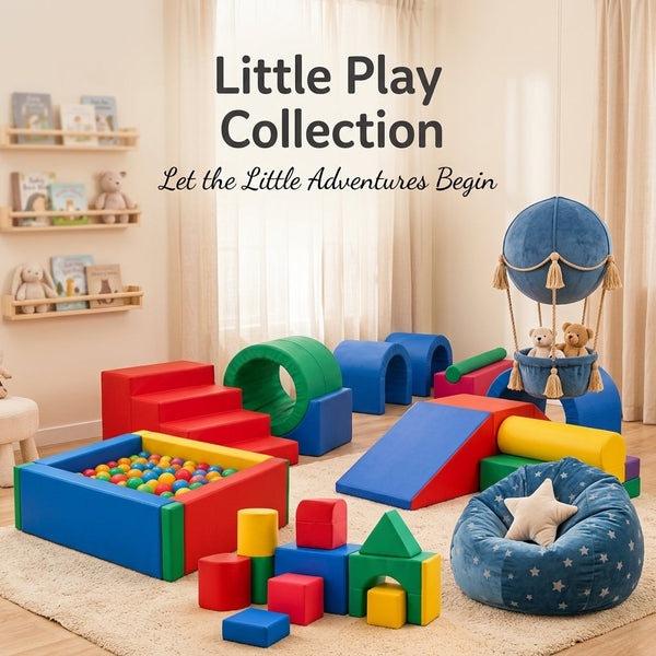 Little Play Collection soft play equipment featuring colorful foam climbing blocks, ball pit, blue bean bag, and hot air balloon decor for kids playroom
