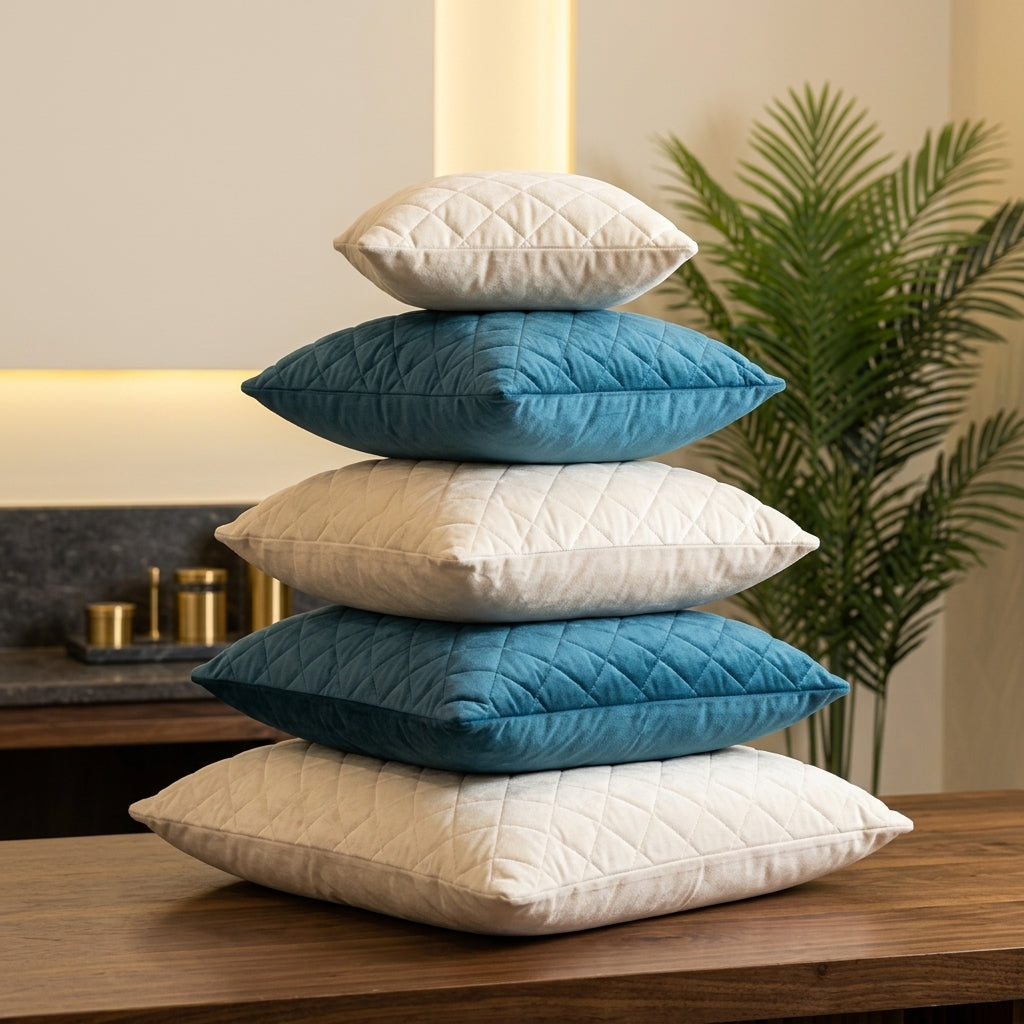 A stack of five quilted throw pillows in cream and teal blue, arranged in a pyramid on a wooden table in a modern living room setting.