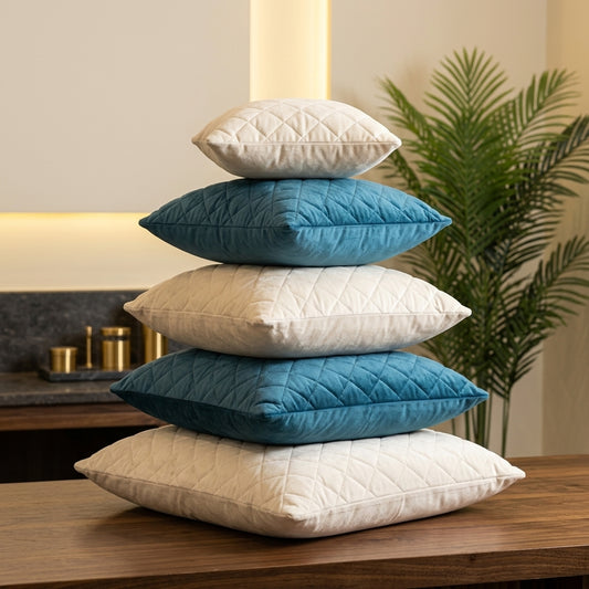 A stack of five quilted throw pillows in cream and teal blue, arranged in a pyramid on a wooden table in a modern living room setting.