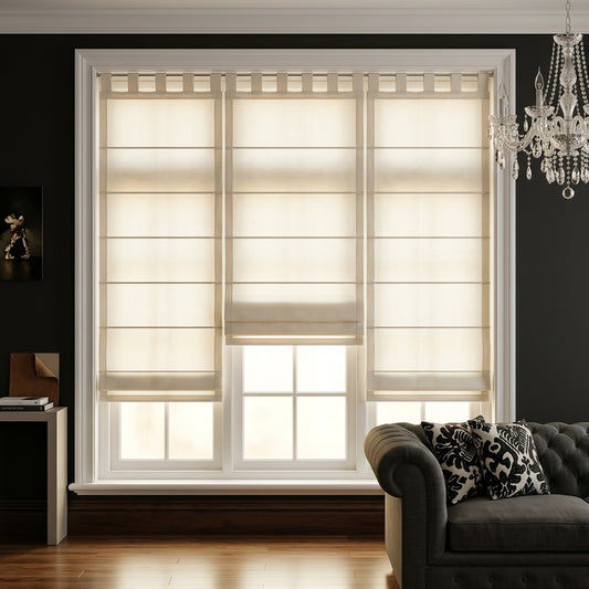 Three beige roller blind shades with a decorative header, shown installed on a white-framed window in a styled living room with a dark gray sofa and black wall.