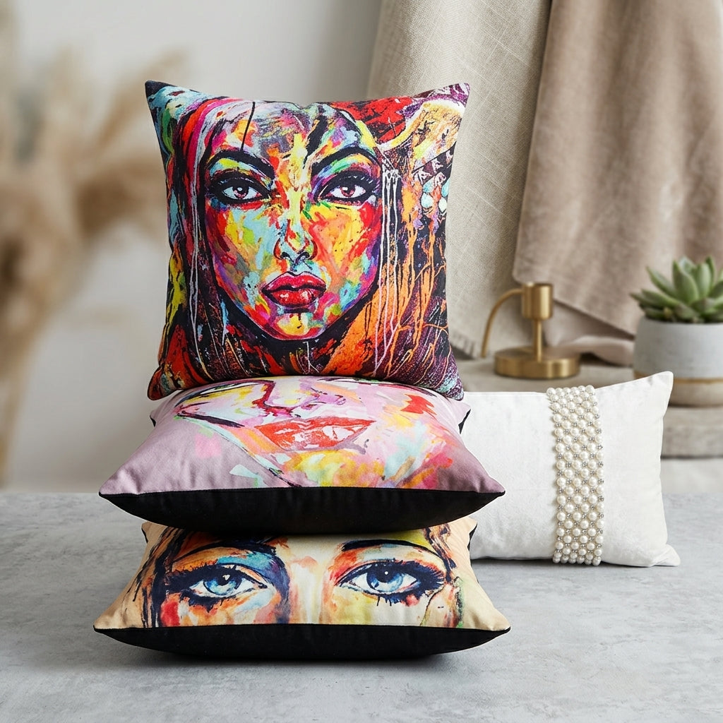 Three decorative throw pillows stacked on a gray surface in a styled interior setting. The top pillow features a vivid multicolor painted face design, the middle pillow shows a pink-toned face illustration, and the bottom pillow displays a close-up of a face with dramatic eyes.