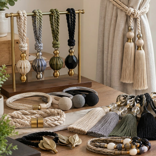 A styled tabletop display of home decor accessories, including braided rope tassels, corded curtain ties, beaded bracelets, and decorative leaves, arranged on a wooden surface with a brass stand holding four hanging cords.