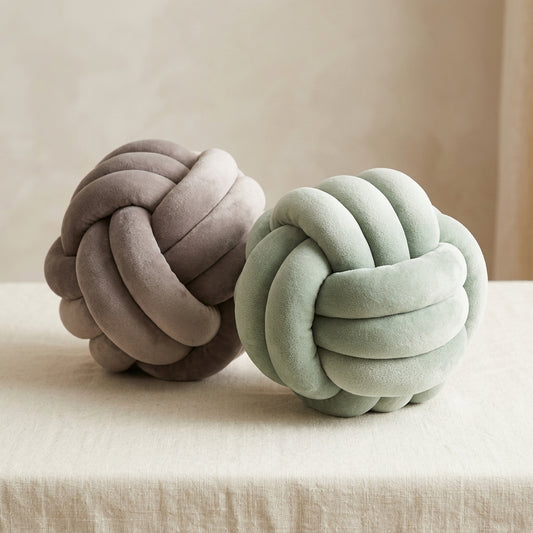 Two knotted decorative pillows in a soft velvet-like fabric, one in taupe and one in pale sage green, displayed on a textured cream fabric surface against a neutral beige background.
