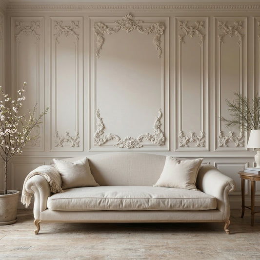 A cream-colored upholstered sofa with rolled arms and two matching throw pillows, placed in a styled room with ornate beige wall paneling, potted plants, a side table, and a lamp.