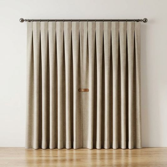 A pair of pleated beige curtains hanging from a dark metal rod with decorative finials, set against a plain off-white wall and light wood floor.