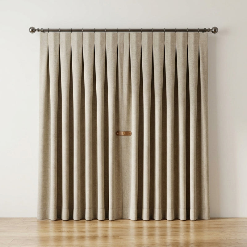 A pair of pleated beige curtains hanging from a dark metal rod with decorative finials, set against a plain off-white wall and light wood floor.