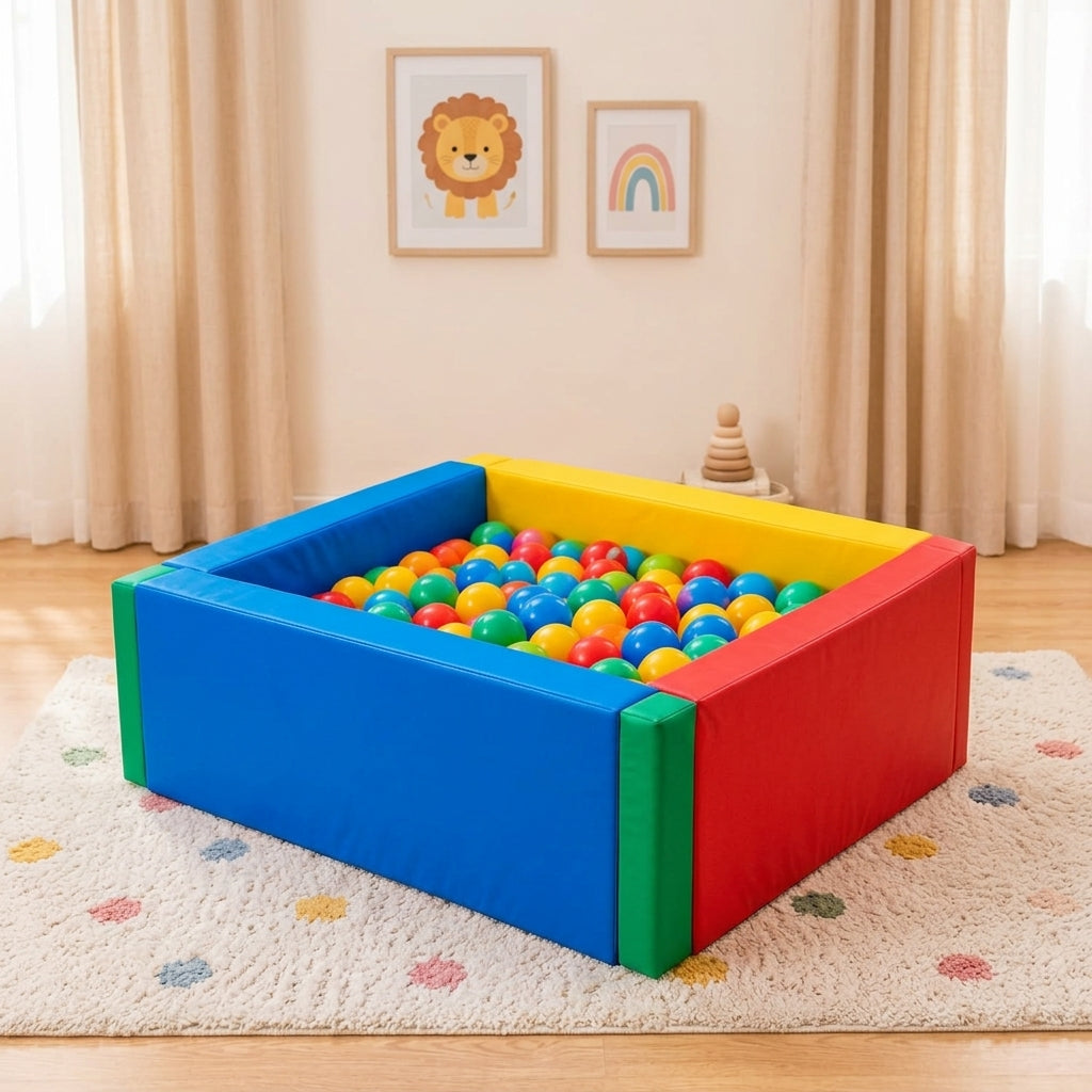 Soft foam square kids ball pit with blue, red, yellow, and green padded walls filled with colorful plastic play balls in a modern playroom