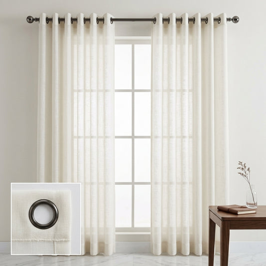 A pair of floor-length sheer curtain panels in an off-white or cream shade hanging on a dark metal rod over a window. The image includes a small inset in the lower-left corner showing a close-up of the curtain fabric and ring detail, and a small wooden side table with books and a vase appears on the right side.