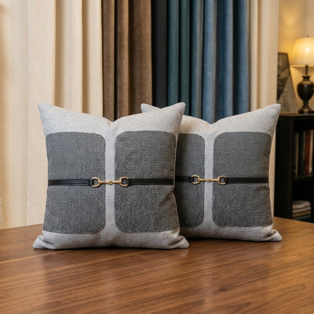 Two square throw pillows in a gray and beige textured fabric with a black leather strap and gold horsebit hardware, displayed on a wooden table in a cozy room setting.