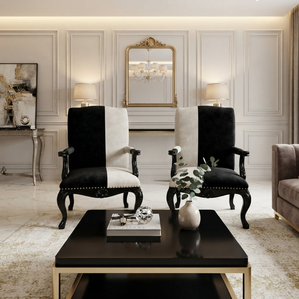 A luxury living room featuring two matching high-back accent chairs with a black and white striped velvet upholstery and carved dark wood legs, set in front of a white paneled wall with a gold mirror.