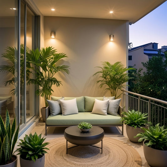 Verona sage green outdoor garden sofa on balcony terrace with potted palm plants - The Curtain Studio