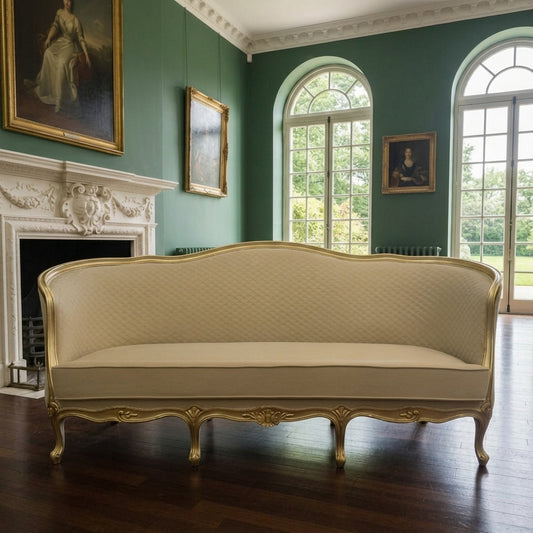 A classic French-style sofa with cream-colored tufted upholstery and ornate gold-painted wood legs, positioned in front of a white fireplace in a room with green walls and large arched windows.