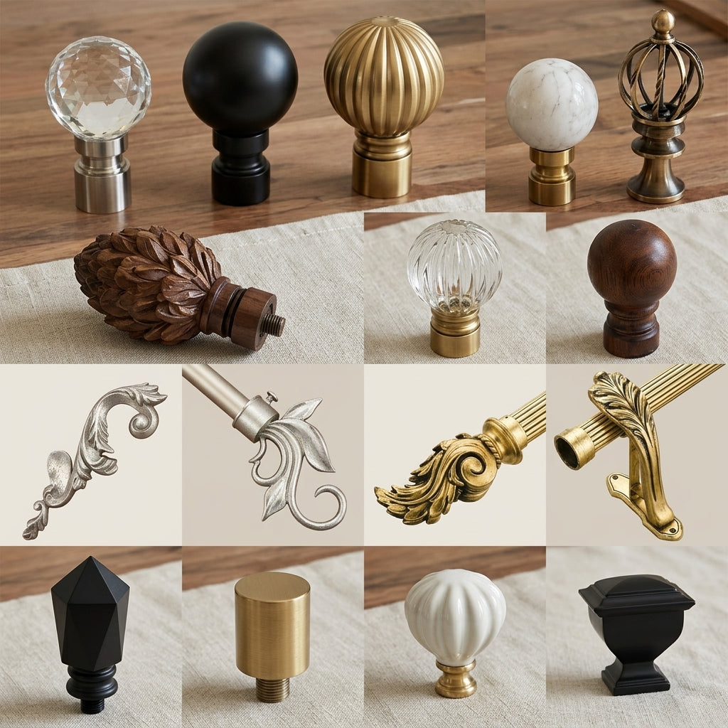 A 3x4 grid showing 12 different curtain rod finials and hardware pieces in various finishes including black, gold, bronze, silver, and white, displayed on a neutral fabric background.