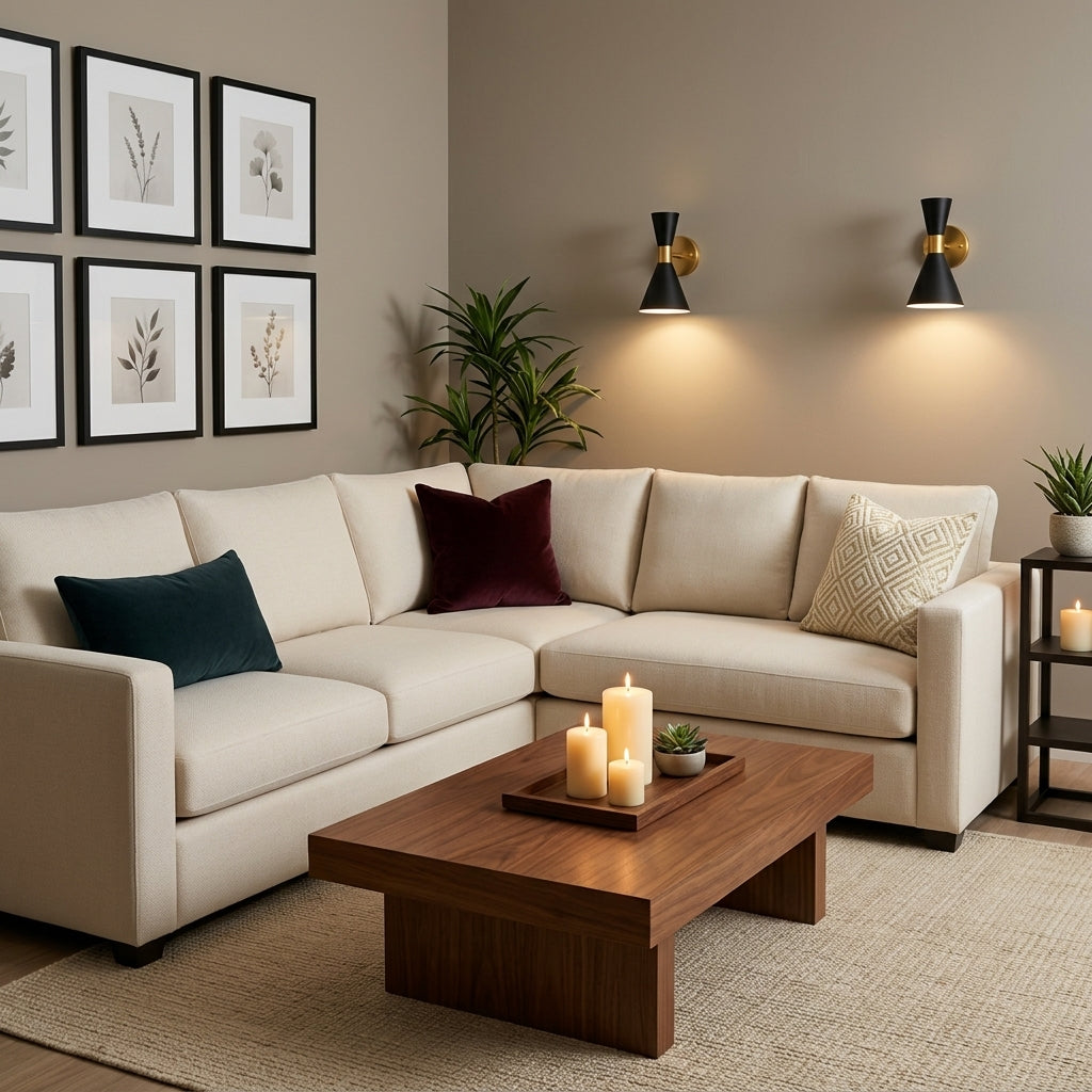 A modern living room featuring a large cream-colored sectional sofa with accent pillows, a wooden coffee table with candles, and two black and gold wall sconces on a beige wall.
