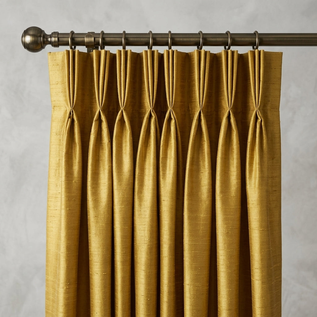 A pair of pleated curtain panels in a warm mustard-gold fabric hanging from a dark metal rod against a light gray textured wall.