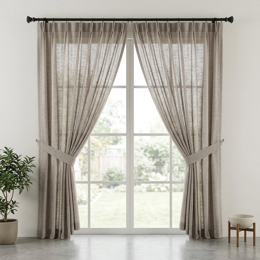 A pair of floor-length sheer curtain panels in a warm taupe-beige color, hanging from a black rod over a white-framed window. The curtains are styled with matching tie-back bands and are shown in a bright room with a potted plant on the left and a small side table on the right.