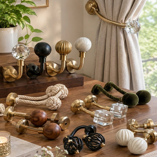 A styled tabletop display of brass curtain rod hardware and matching tieback rings in multiple finishes and textures, including polished gold, matte black, marble white, wood brown, rope beige, and velvet dark green, arranged on a wooden table beside a beige curtain panel and window.