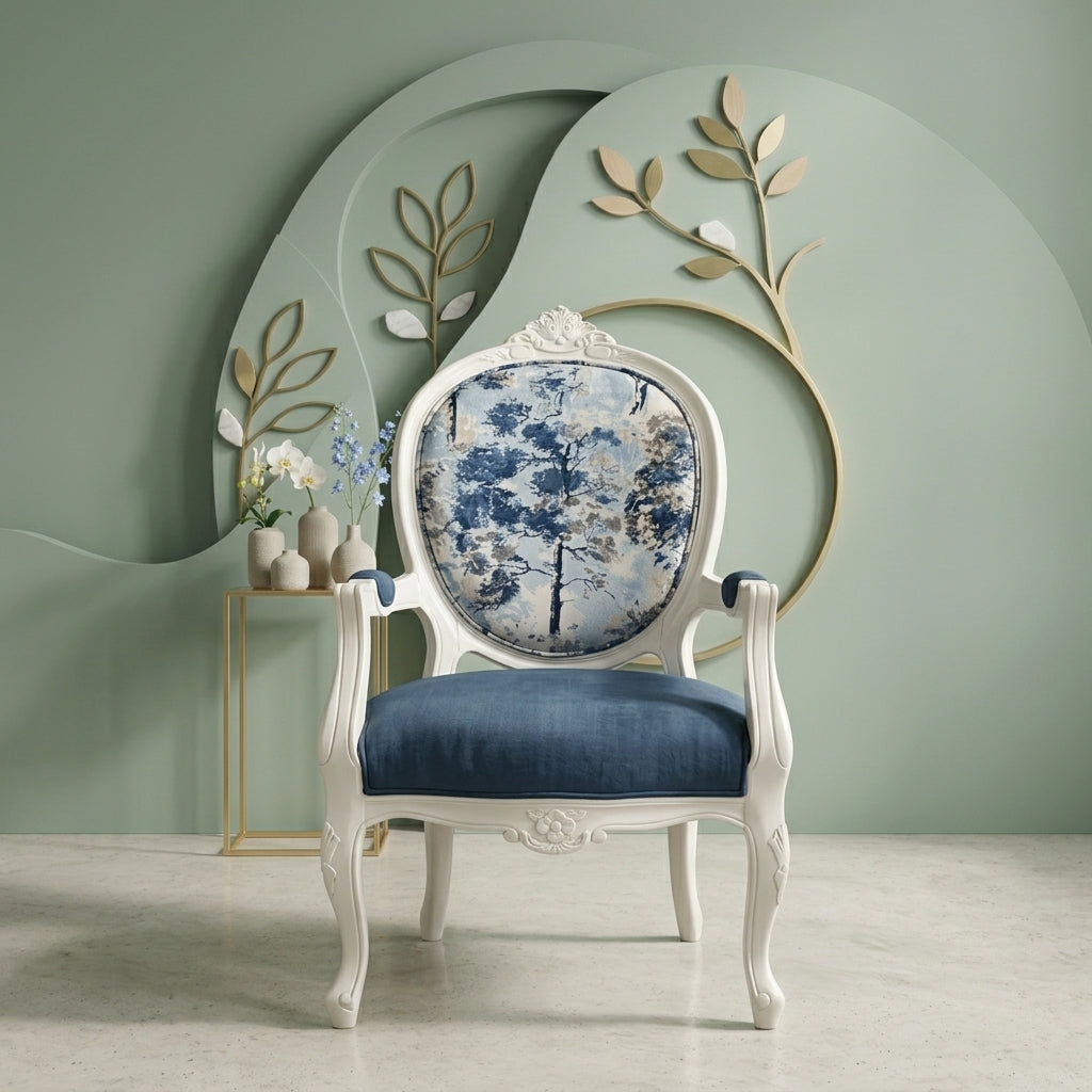 An ornate white armchair with a blue and white floral patterned backrest cushion and a blue velvet seat cushion, set against a sage green wall with a decorative gold leaf tree motif.