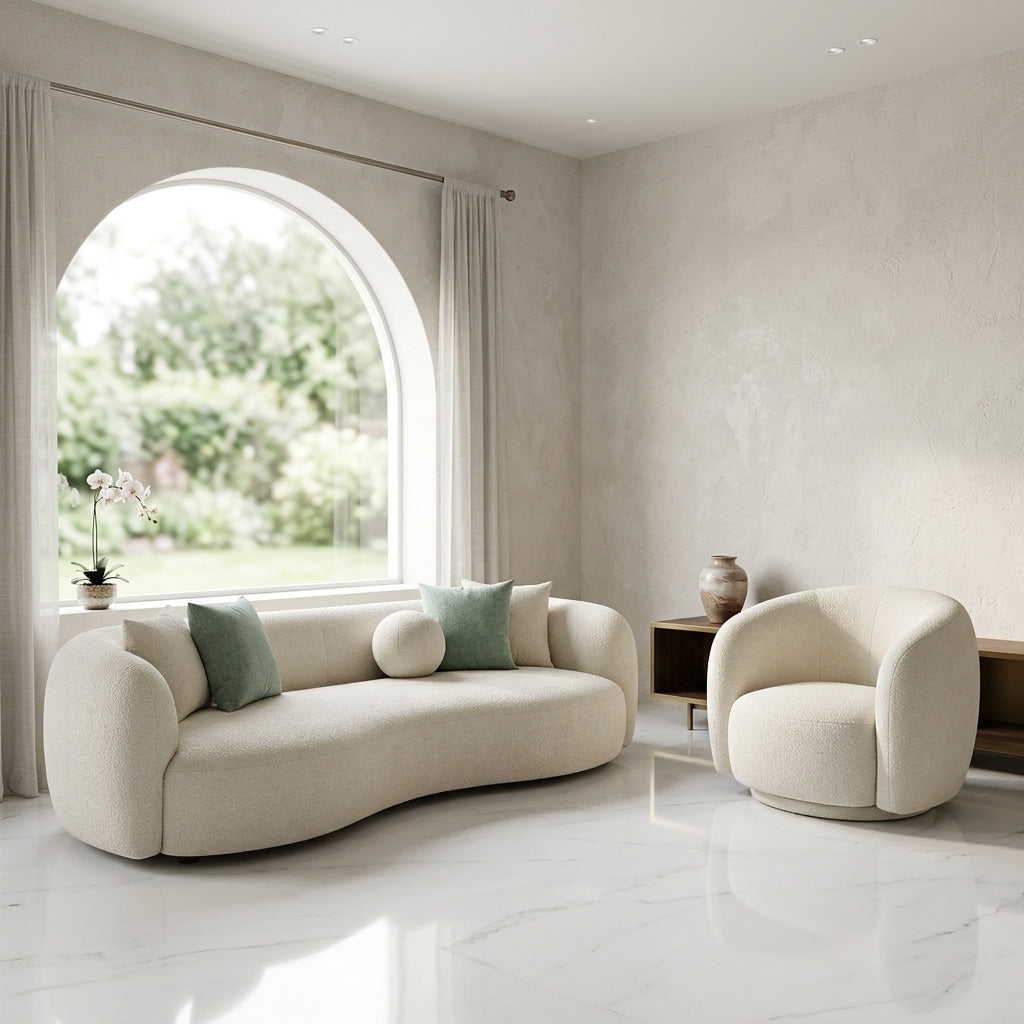 A modern curved cream bouclé sofa with two sage green pillows is shown in a bright, minimalist living room with a matching cream armchair, textured walls, and a large arched window.