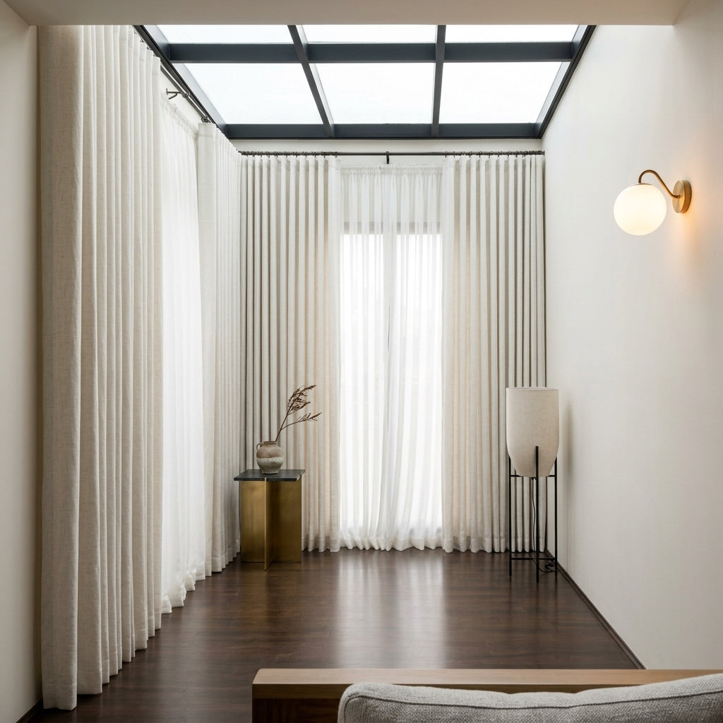 A modern interior room with tall white pleated curtains hanging in front of a window under a skylight, dark wood flooring, a gold side table with a vase, a floor lamp, and a wall-mounted globe light.