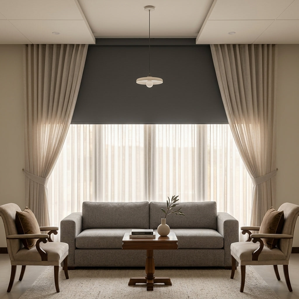 A styled living room featuring a gray fabric sofa, two matching armchairs, a wooden coffee table, and a large window dressed with sheer white curtains, beige drapes, and a dark charcoal gray roller blind.