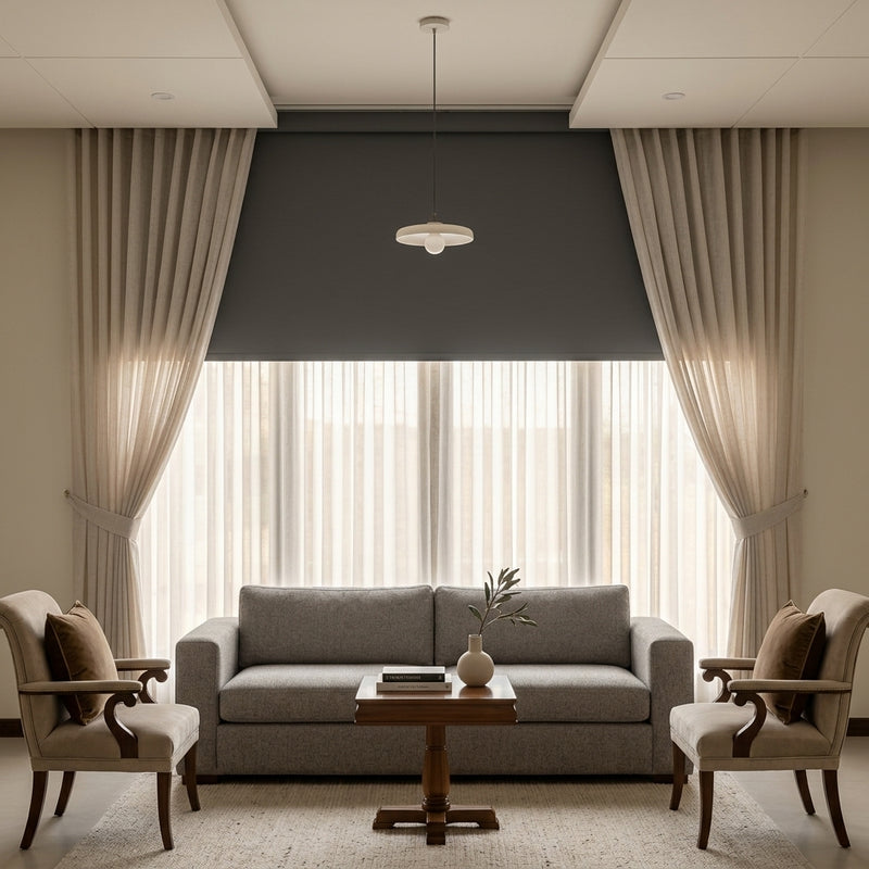 A styled living room featuring a gray fabric sofa, two matching armchairs, a wooden coffee table, and a large window dressed with sheer white curtains, beige drapes, and a dark charcoal gray roller blind.